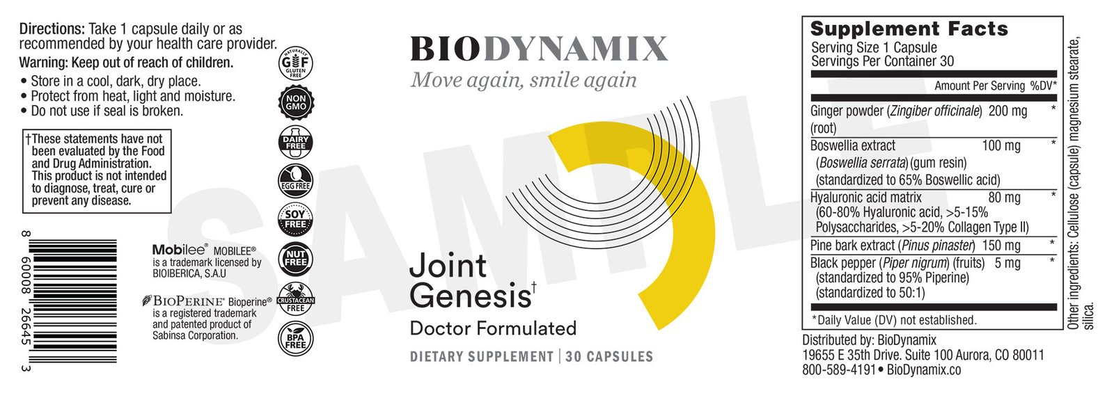 Joint Genesis supplement label — full ingredient list and supplement facts